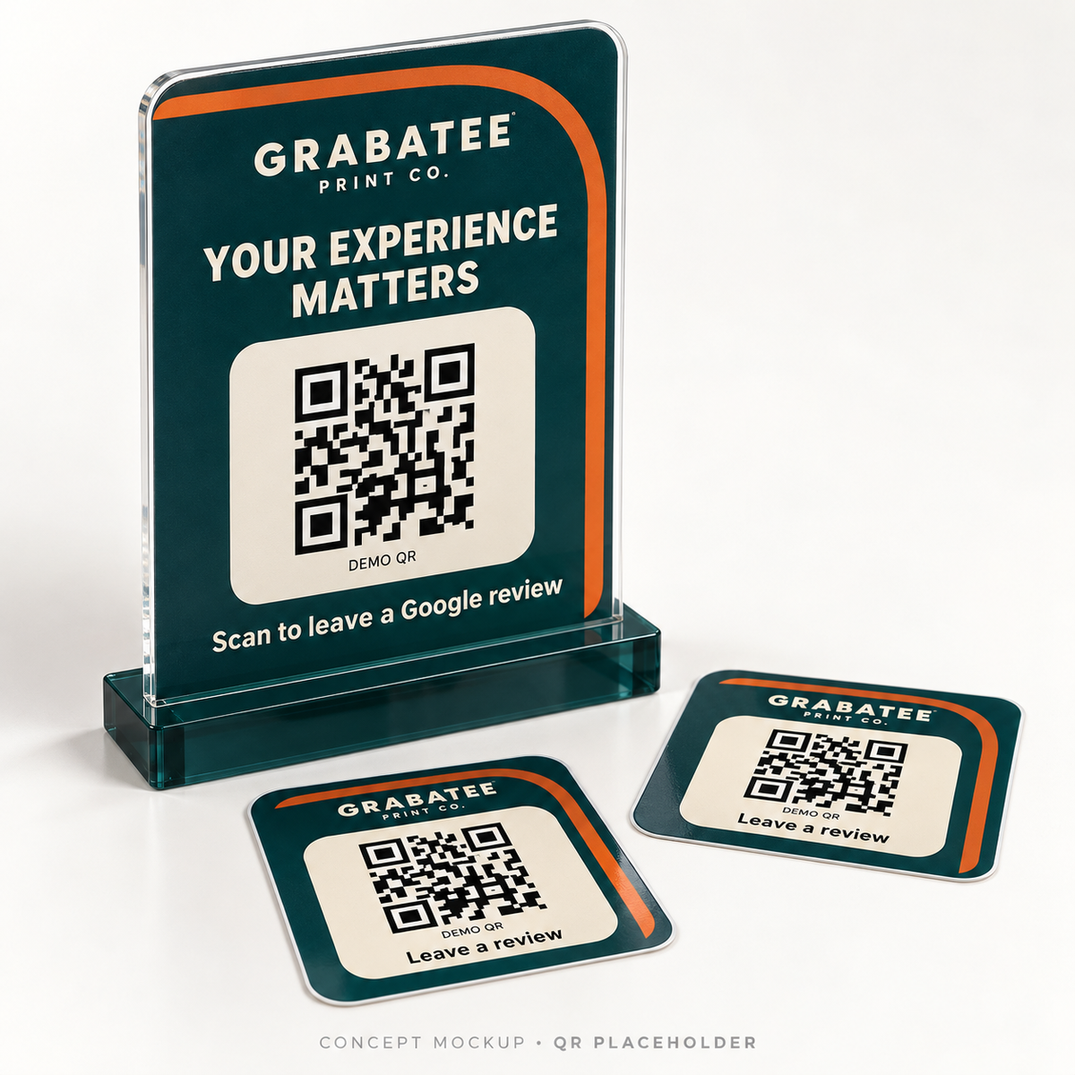 CounterCue concept mockup: personalized teal and orange acrylic Google review sign with two matching vinyl stickers; placeholder QR codes.
