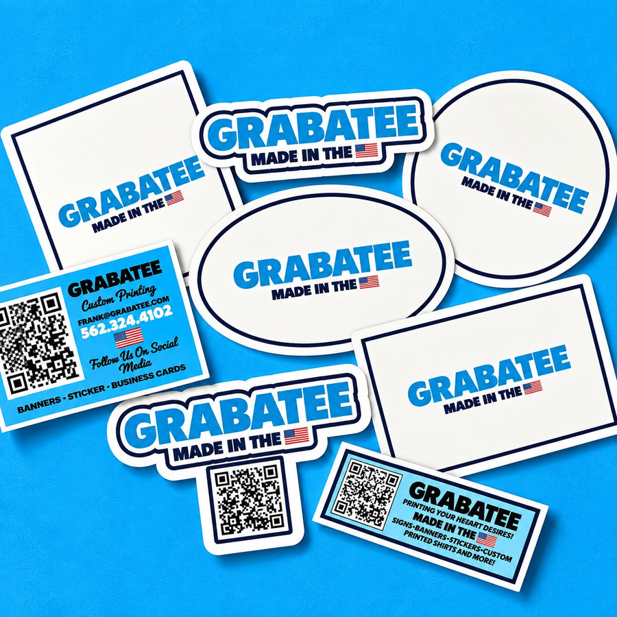 Grabatee sticker examples in circle, oval, square, rectangle, and custom shapes