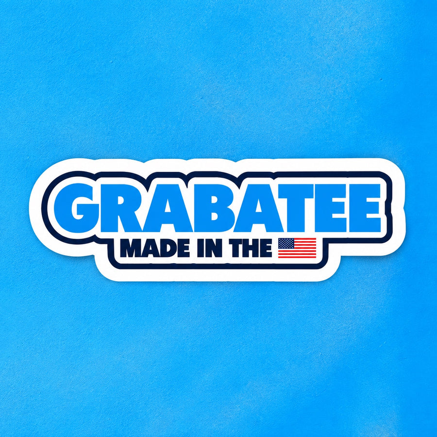 Grabatee logo sticker with a white contour border on a blue background